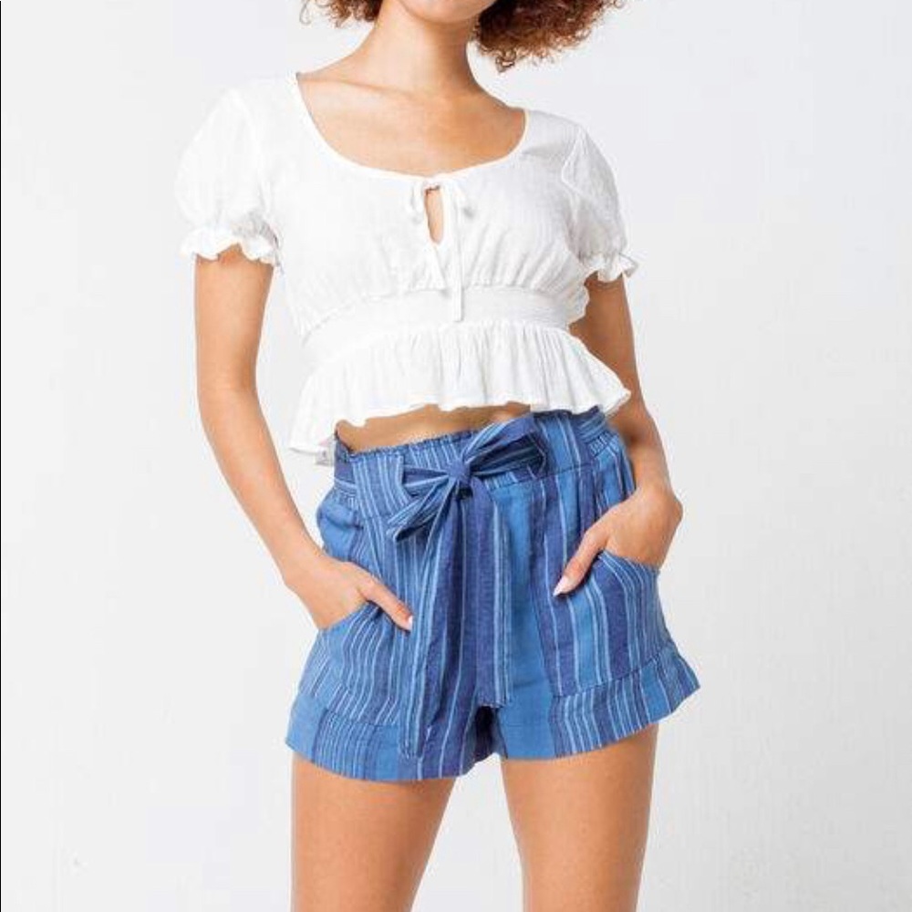 Indigo Rein Tilly’s blue striped paper bag shorts